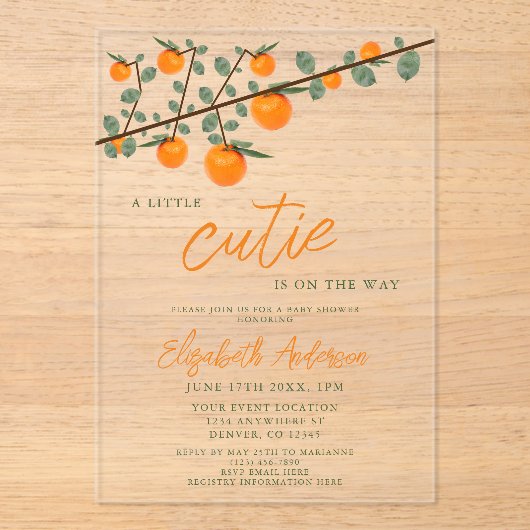 Weinig Oranje geslacht Neutraal Baby shower Acryl Uitnodigingen (Voorkant)