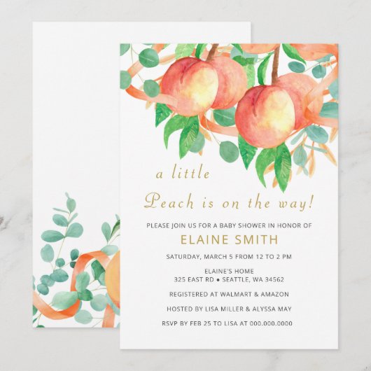 Weinig Peach Gender Neutral Baby shower Invitation Kaart (Voorkant / Achterkant)