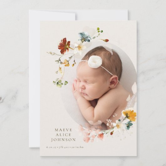 Weinig wilde bloemen Foto geboorteaankondiging Kaart (Voorkant)