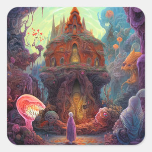 Weird Creepy House Surreal Art Vierkante Sticker