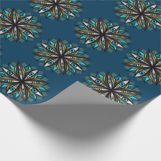 Weird Eyes Mandala Art - Trippy Flower Blauw Groen Cadeaupapier (Hoek)