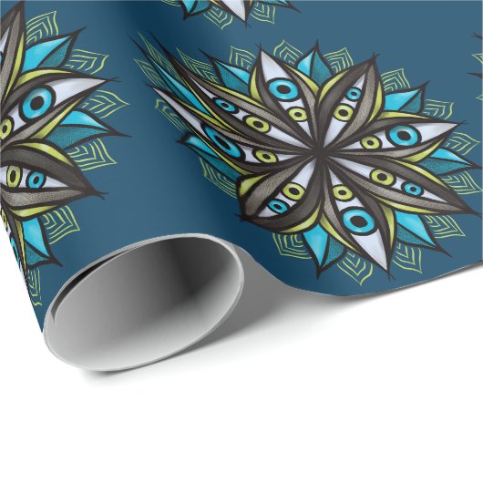 Weird Eyes Mandala Art - Trippy Flower Blauw Groen Cadeaupapier (Rol Hoek)