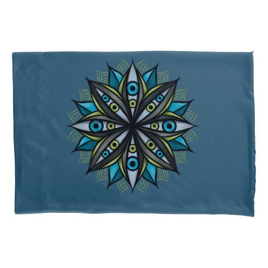 Weird Eyes Mandala Art - Trippy Flower Blauw Groen Kussensloop (Voorkant)