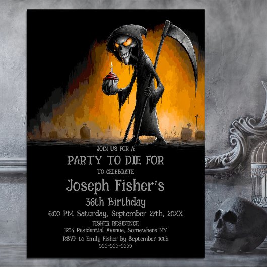 Weird Grim Reaper with Cupcake Birthday Party Kaart