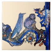 WEIRD MEDIEVAL BESTIAIR BLUE CAT EN CUCKOO BIRD TEGELTJE (Voorkant)