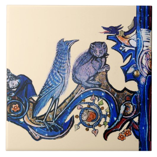 WEIRD MEDIEVAL BESTIAIR BLUE CAT EN CUCKOO BIRD TEGELTJE (Voorkant)