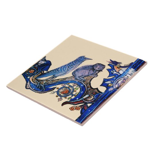 WEIRD MEDIEVAL BESTIAIR BLUE CAT EN CUCKOO BIRD TEGELTJE (Zijkant)
