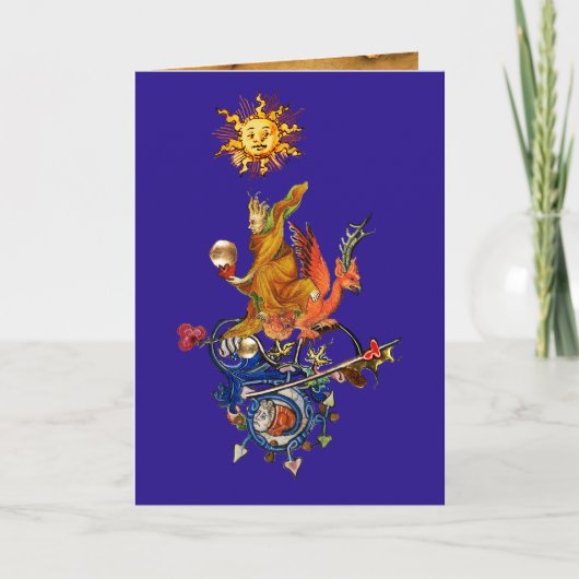 WEIRD MEDIEVAL BESTIARY,ALCHEMIST,RED DRAGON,Blue Feestdagen Kaart (Voorkant)