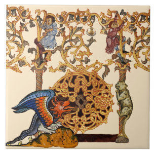 WEIRD MEDIEVAL BESTIARY Dragon and Cat Tegeltje