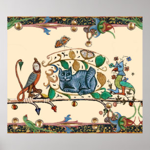 WEIRD MEDIEVAL BESTIARY HUNTER CAT, BIRD, FALCON POSTER