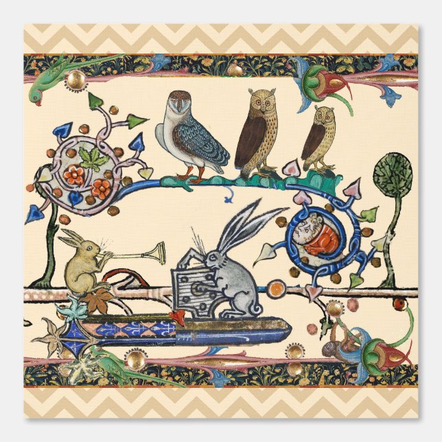 WEIRD MEDIEVAL BESTIARY MAKING MUSIC Owls, Rabbits Behang (Voorkant)