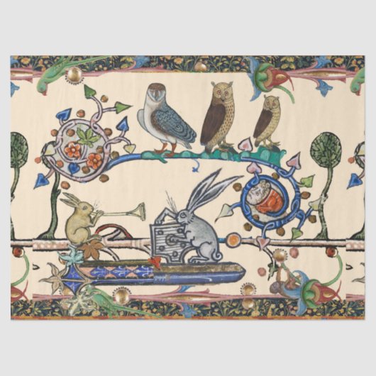 WEIRD MEDIEVAL BESTIARY MAKING MUSIC Owls, Rabbits Tissuepapier (Voorkant)