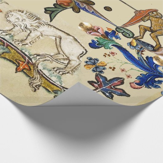 WEIRD MEDIEVAL BESTIARY , UNICORN FIGHTING MONKEY CADEAUPAPIER (Hoek)