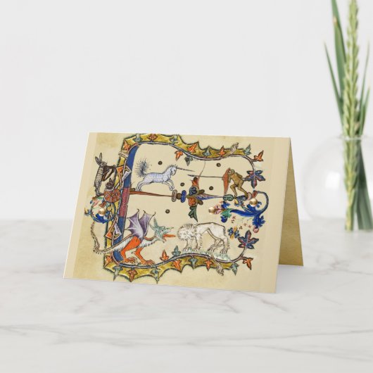 WEIRD MEDIEVAL BESTIARY , UNICORN FIGHTING MONKEY FEESTDAGEN KAART (Voorkant)