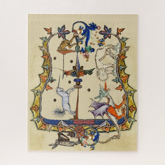 WEIRD MEDIEVAL BESTIARY , UNICORN FIGHTING MONKEY LEGPUZZEL (Verticaal)
