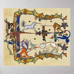 WEIRD MEDIEVAL BESTIARY , UNICORN FIGHTING MONKEY POSTER