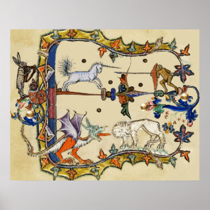 WEIRD MEDIEVAL BESTIARY , UNICORN FIGHTING MONKEY POSTER
