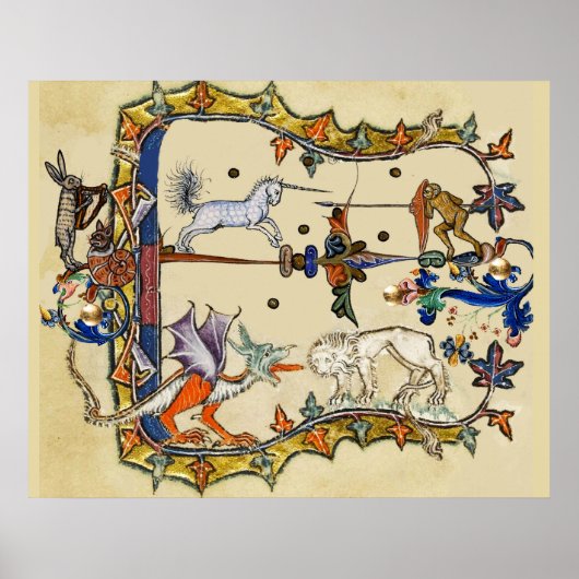 WEIRD MEDIEVAL BESTIARY , UNICORN FIGHTING MONKEY POSTER (Voorkant)