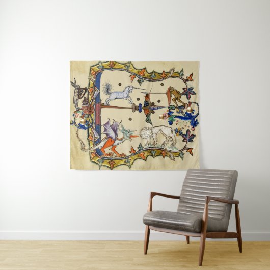 WEIRD MEDIEVAL BESTIARY , UNICORN FIGHTING MONKEY WANDKLEED (In Situ (horizontaal))