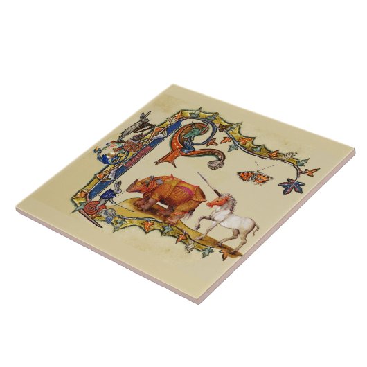 WEIRD MEDIEVAL BESTIARY Unicorn, Rhino and Rabbit Tegeltje (Zijkant)