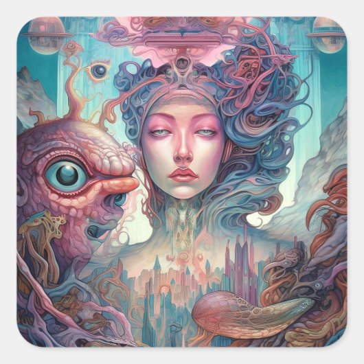 Weird Surreal Alien Woman Art Vierkante Sticker (Voorkant)