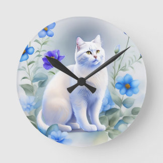 Weiße Katze mit blauen Blumen, Aquarell-Malerei Ronde Klok