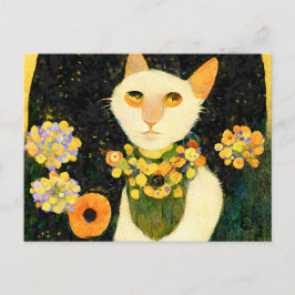 Weiße Katze mit Blumen. Jugendstil gemalt. Briefkaart