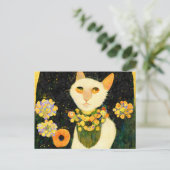 Weiße Katze mit Blumen. Jugendstil gemalt. Briefkaart (Staand voorkant)