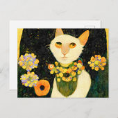 Weiße Katze mit Blumen. Jugendstil gemalt. Briefkaart (Voorkant / Achterkant)