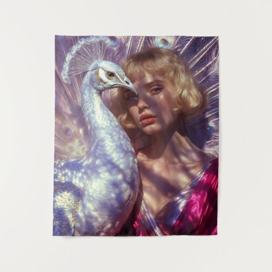 Weißer Pfau und Schönheit in rosa Eleganz Wandkleed (Voorkant)