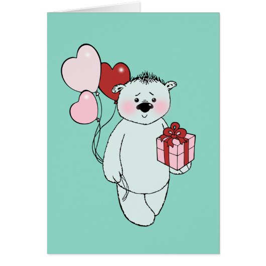 Weißer Teddybär mit einem Geschenk und Luftballons (Voorkant)