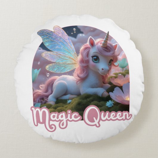 Weißes Einhorn mit Flügeln - Magic Queen Rond Kussen (Voorkant)