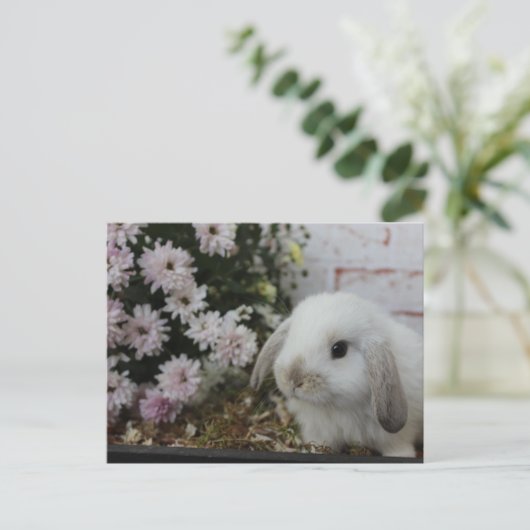 weißes Häschen, Kaninchen mit Blumen Osterhase Briefkaart (Staand voorkant)