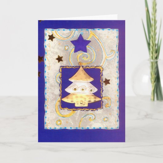 WEISSGOLDENER WEIHNACHTSBAUM auf Blau mit Sternen Feestdagen Kaart (Voorkant)