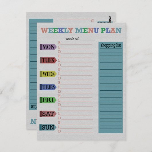 Wekelijks menuplan briefkaart (Voorkant / Achterkant)