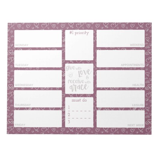 Wekelijks planner dagelijks om Paarse grijze harte Notitieblok (Voorkant)