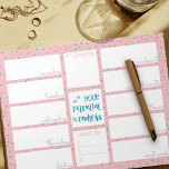 Wekelijks planner dagelijks om roze Blauwgroen ste Notitieblok<br><div class="desc">Deze aangepaste weekplanner heeft 12 secties voor u om taken voorrang te geven en uw week te organiseren. Het ontwerp bevat een positieve zin in het midden, die luidt: "Uw potentieel is eindeloos". Het heeft een trendy kleurenpalet van milkshake roze, oceaanblauw en lichtgrijs, met een achtergronddruk van mini sterren. De...</div>