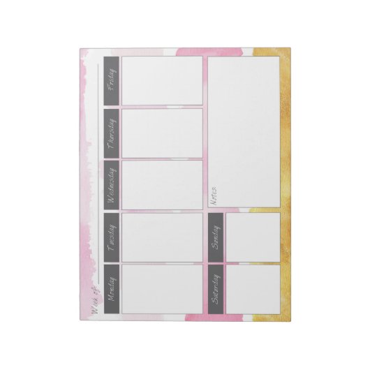 Wekelijks roze en gouden Waterverf-patroonblok Notitieblok (Linkerzijde)