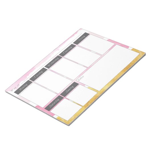 Wekelijks roze en gouden Waterverf-patroonblok Notitieblok (Schuin)