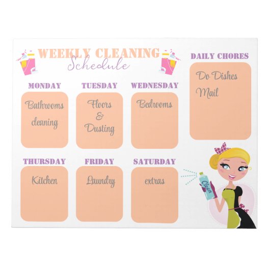 Wekelijks schoonmaakschema checklist sjabloon chic notitieblok (Voorkant)