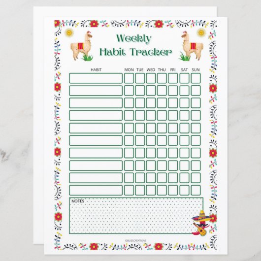 Wekelijkse afdrukbare Habit Tracker - Lama Edition (Voorkant / Achterkant)