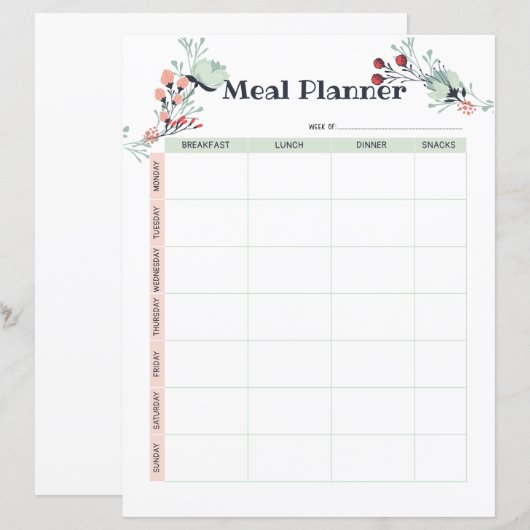 Wekelijkse maaltijdplanner in Cute Floral Style (Voorkant / Achterkant)