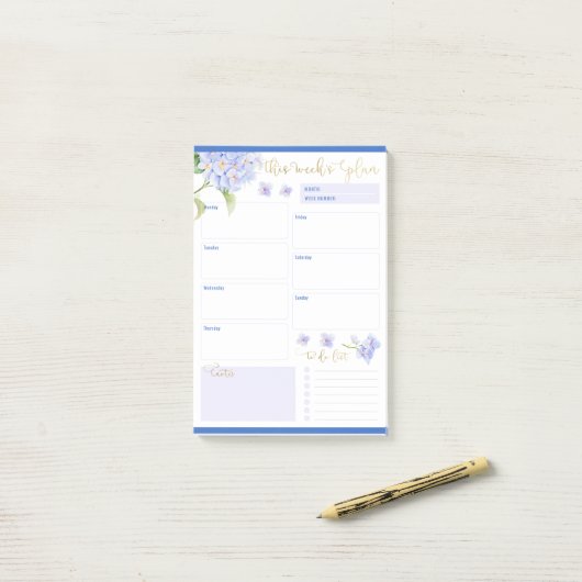 Wekelijkse Planner Blauwe Hortensia Bloem Post-it® Notes (Op bureau)