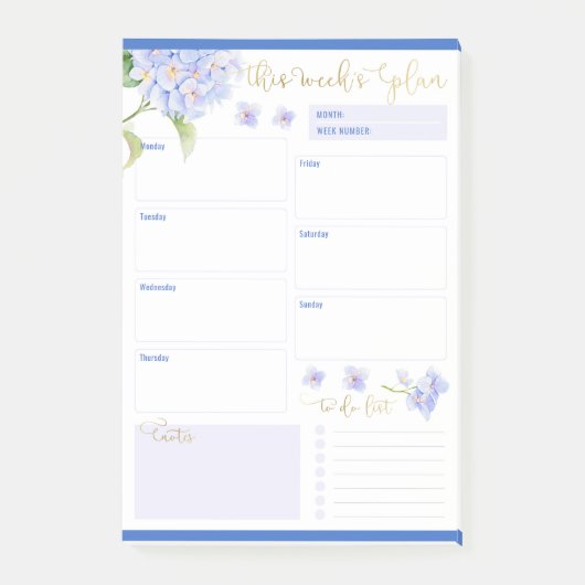 Wekelijkse Planner Blauwe Hortensia Bloem Post-it® Notes (Voorkant)