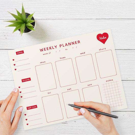 Wekelijkse planner rode harten notitieblok met naa