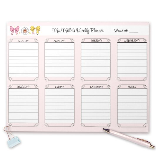 Wekelijkse Planner Roze School Leraar Naam Scheur  Notitieblok