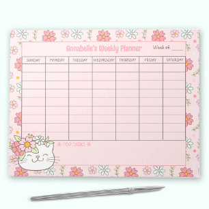 Wekelijkse Planner Schattigee Cat Pink Bloemennaam Notitieblok