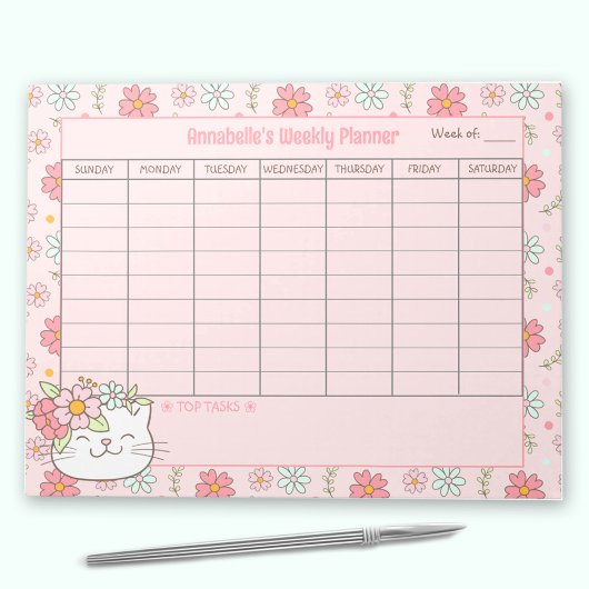 Wekelijkse Planner Schattigee Cat Pink Bloemennaam Notitieblok