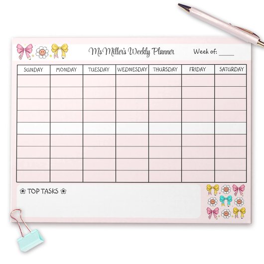 Wekelijkse Planner Schattigee School Teacher Name  Notitieblok