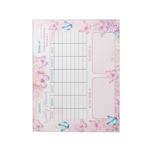 Wekelijkse Planner Vlinder Roze Paarse Bloemen Naa Notitieblok (Linkerzijde)